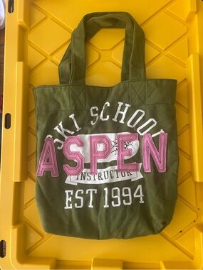 Old Navy Aspen Graphic Olive Canvas Tote Bag with Pink Accents